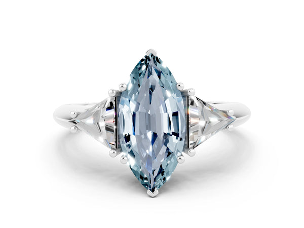 Platinum Three-Stone Marquise Cut Cut Diamond Ring with Trillion Side Stones and Four-Prong Setting