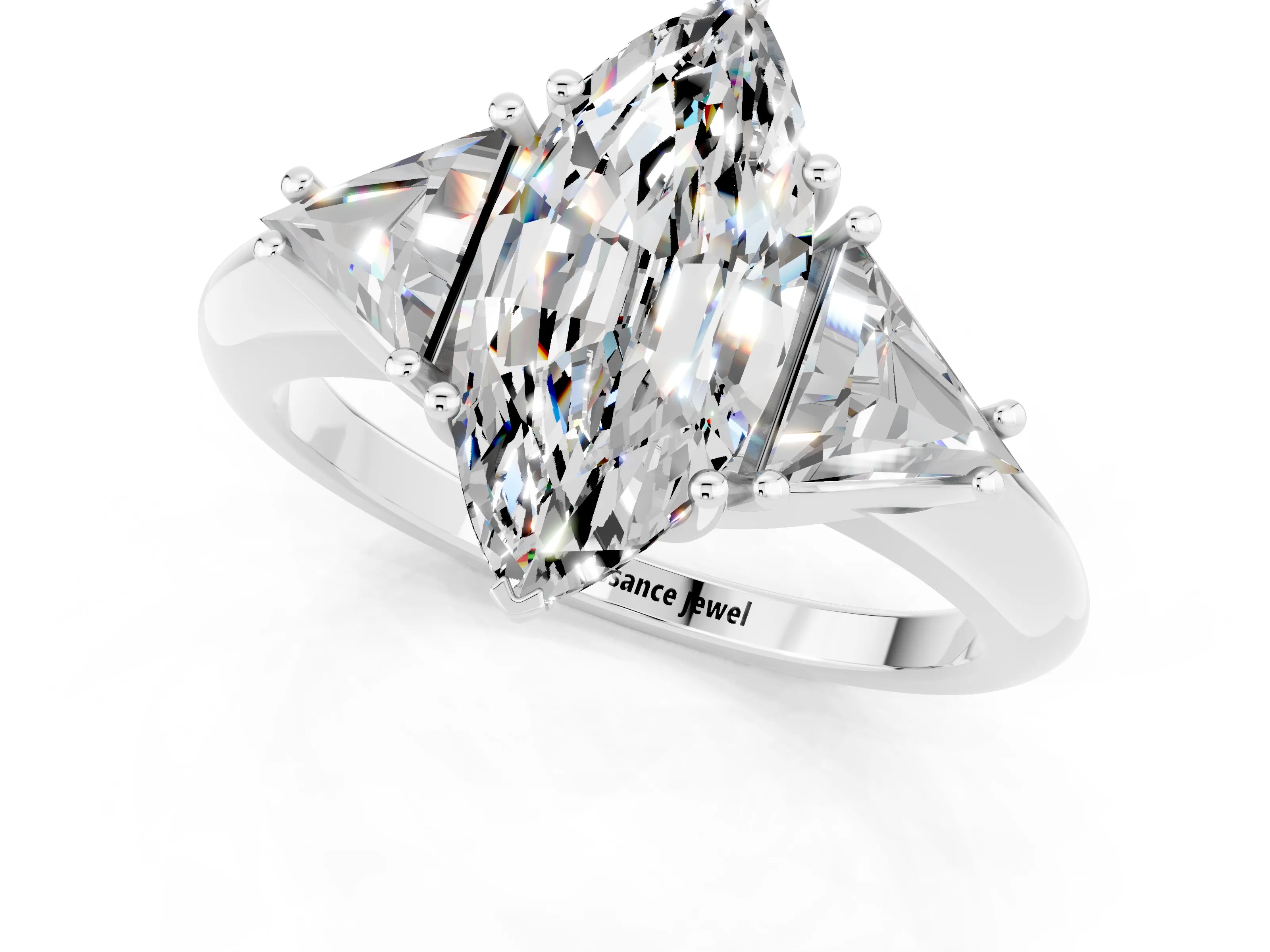 White gold Three-Stone Marquise Cut Cut Diamond Ring with Trillion Side Stones and Four-Prong Setting_1