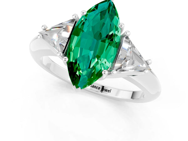 White gold Three-Stone Marquise Cut Emerald Engagement Ring with Trillion Side Stones and Prong Setting