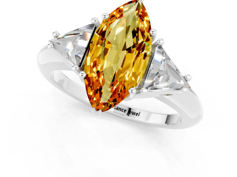 White gold Three-Stone Marquise Cut Cut Diamond Ring with Trillion Side Stones and Four-Prong Setting_1