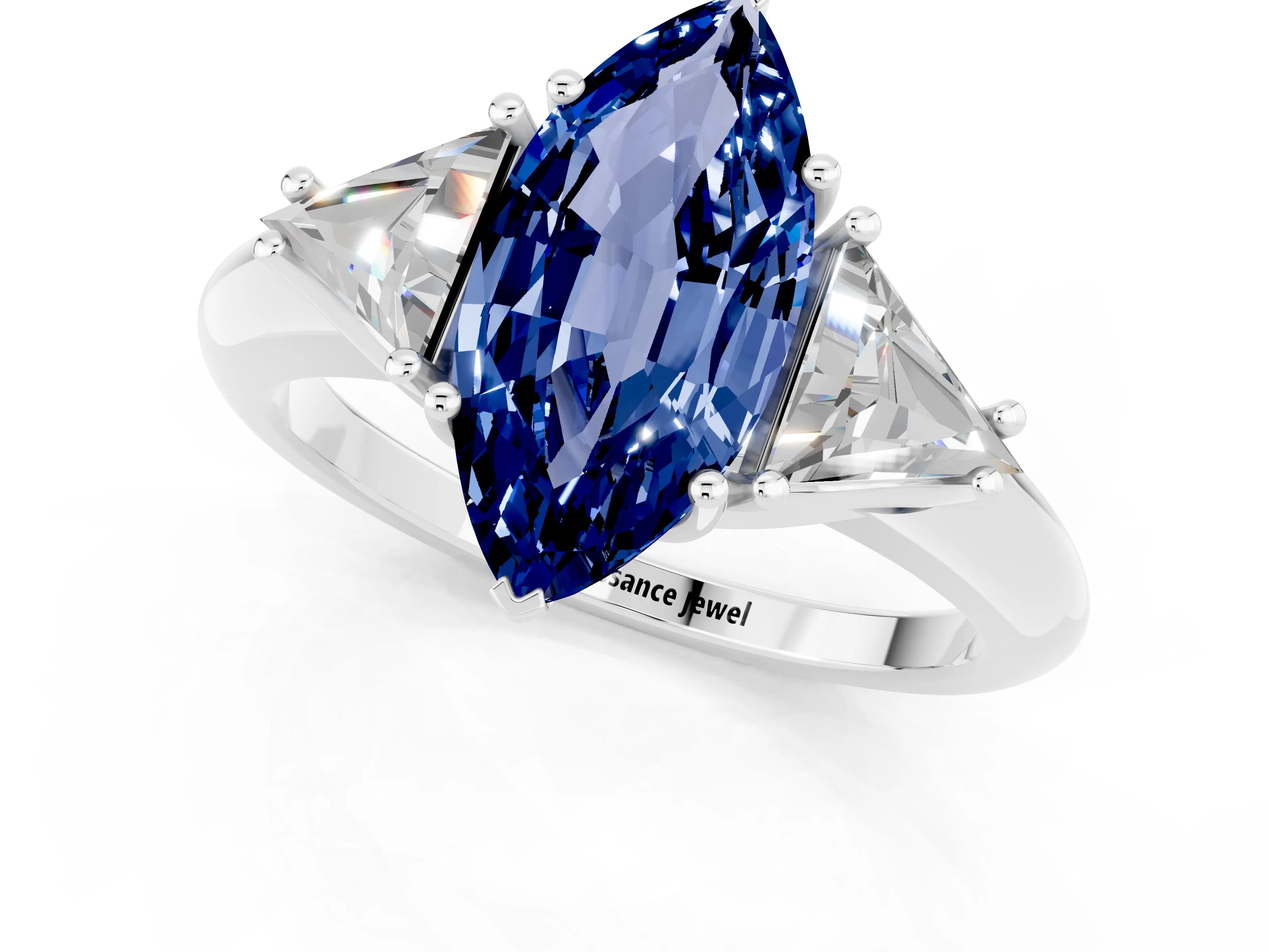 White gold Three-Stone Marquise Cut Cut Diamond Ring with Trillion Side Stones and Four-Prong Setting_1