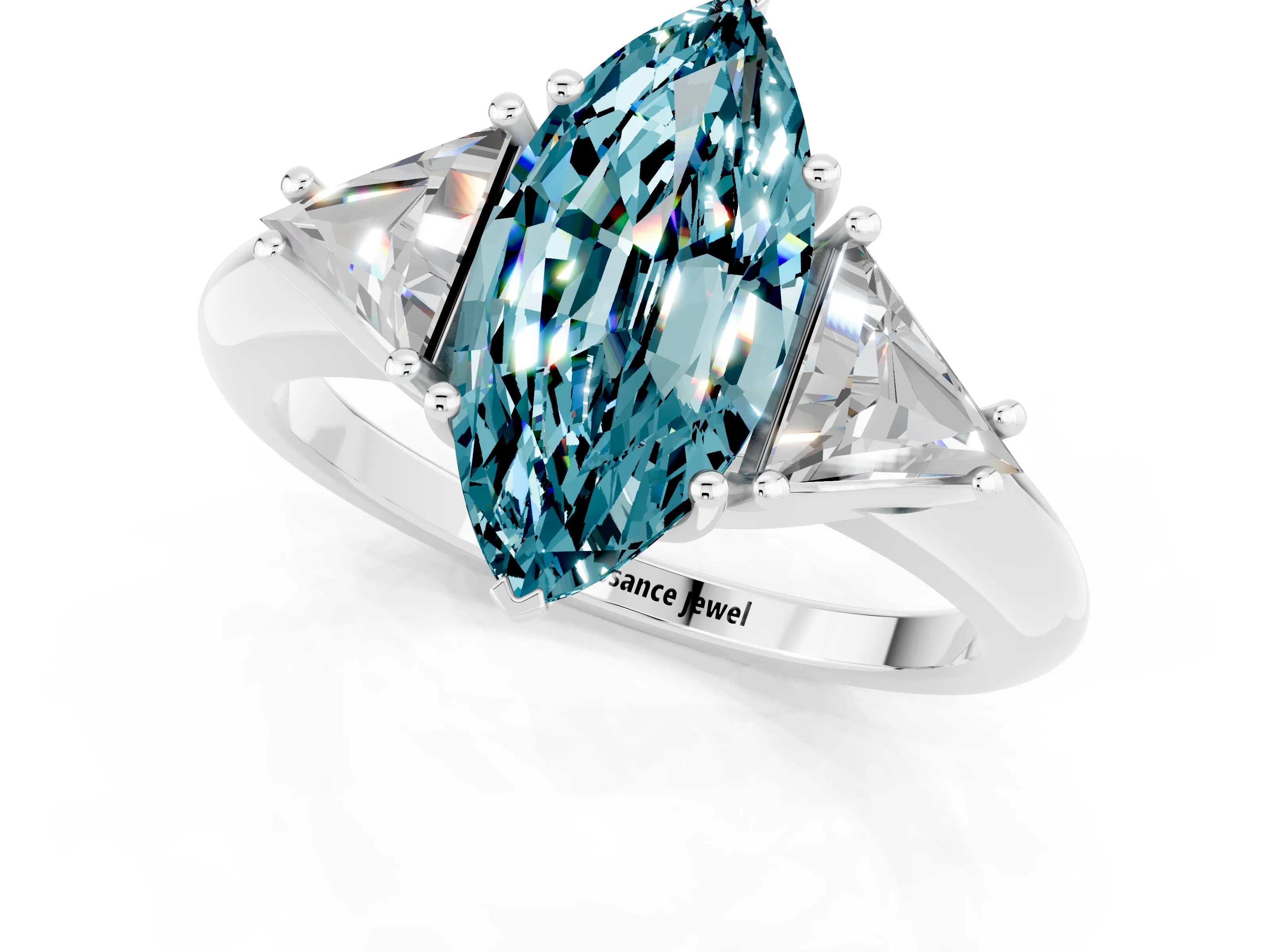White gold Three-Stone Marquise Cut Cut Diamond Ring with Trillion Side Stones and Four-Prong Setting_1