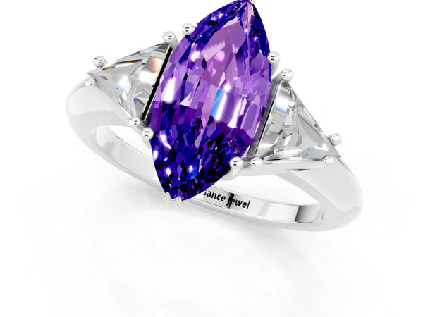 White gold Three-Stone Marquise Cut Tanzanite Engagement Ring with Trillion Side Stones and Prong Setting