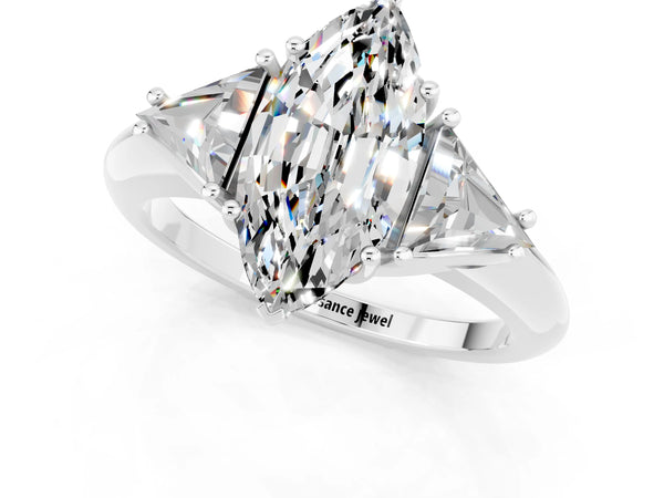 Platinum Three-Stone Marquise Cut Moissanite Engagement Ring with Trillion Side Stones and Prong Setting