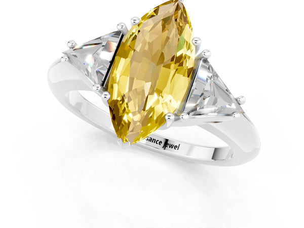 White gold Three-Stone Marquise Cut Yellow Sapphire Engagement Ring with Trillion Side Stones and Prong Setting