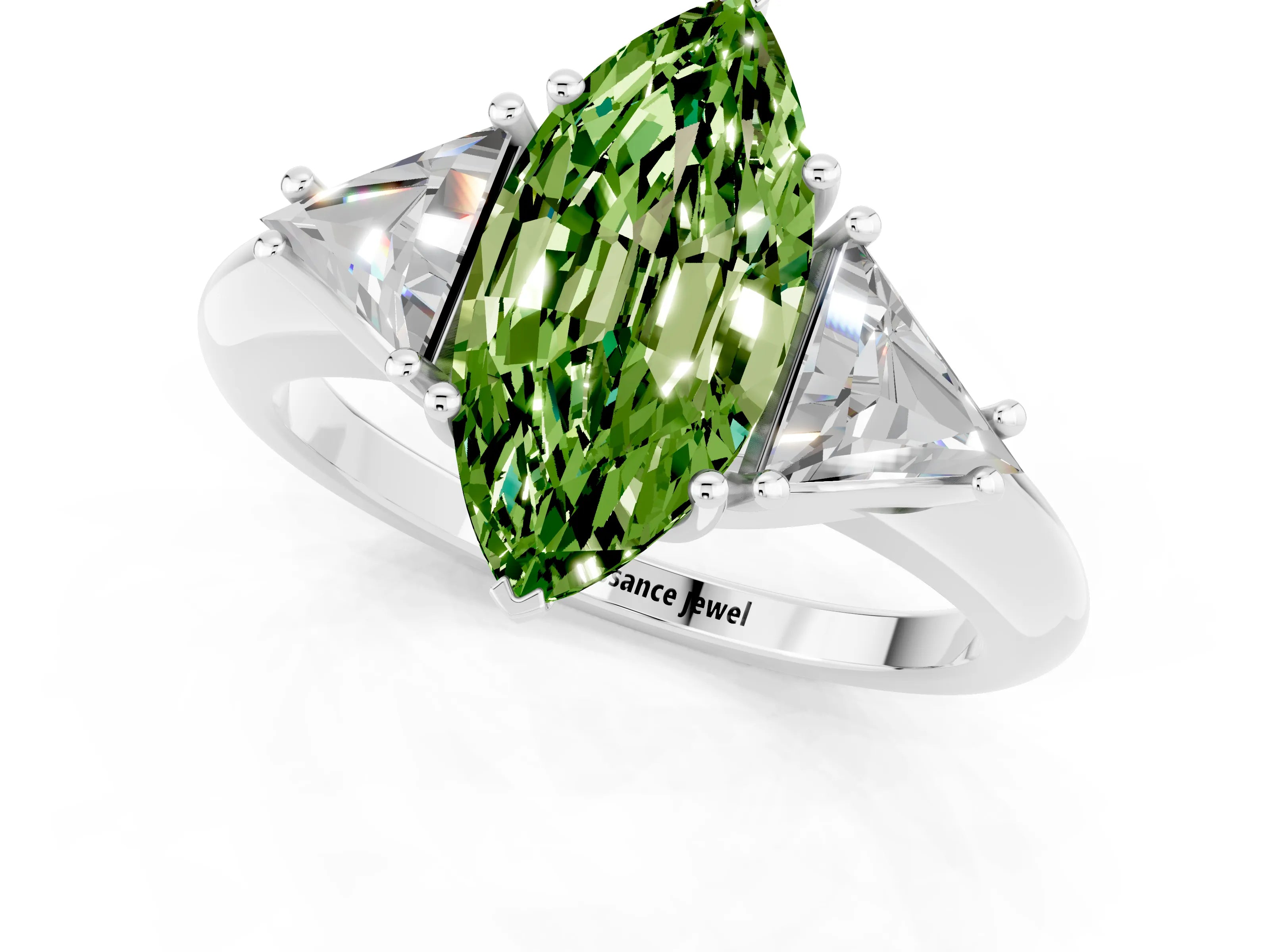 White gold Three-Stone Marquise Cut Cut Diamond Ring with Trillion Side Stones and Four-Prong Setting_1