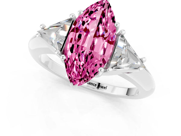 Platinum Three-Stone Marquise Cut Cut Diamond Ring with Trillion Side Stones and Four-Prong Setting