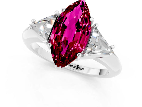 White gold Three-Stone Marquise Cut Garnet Engagement Ring with Trillion Side Stones and Prong Setting