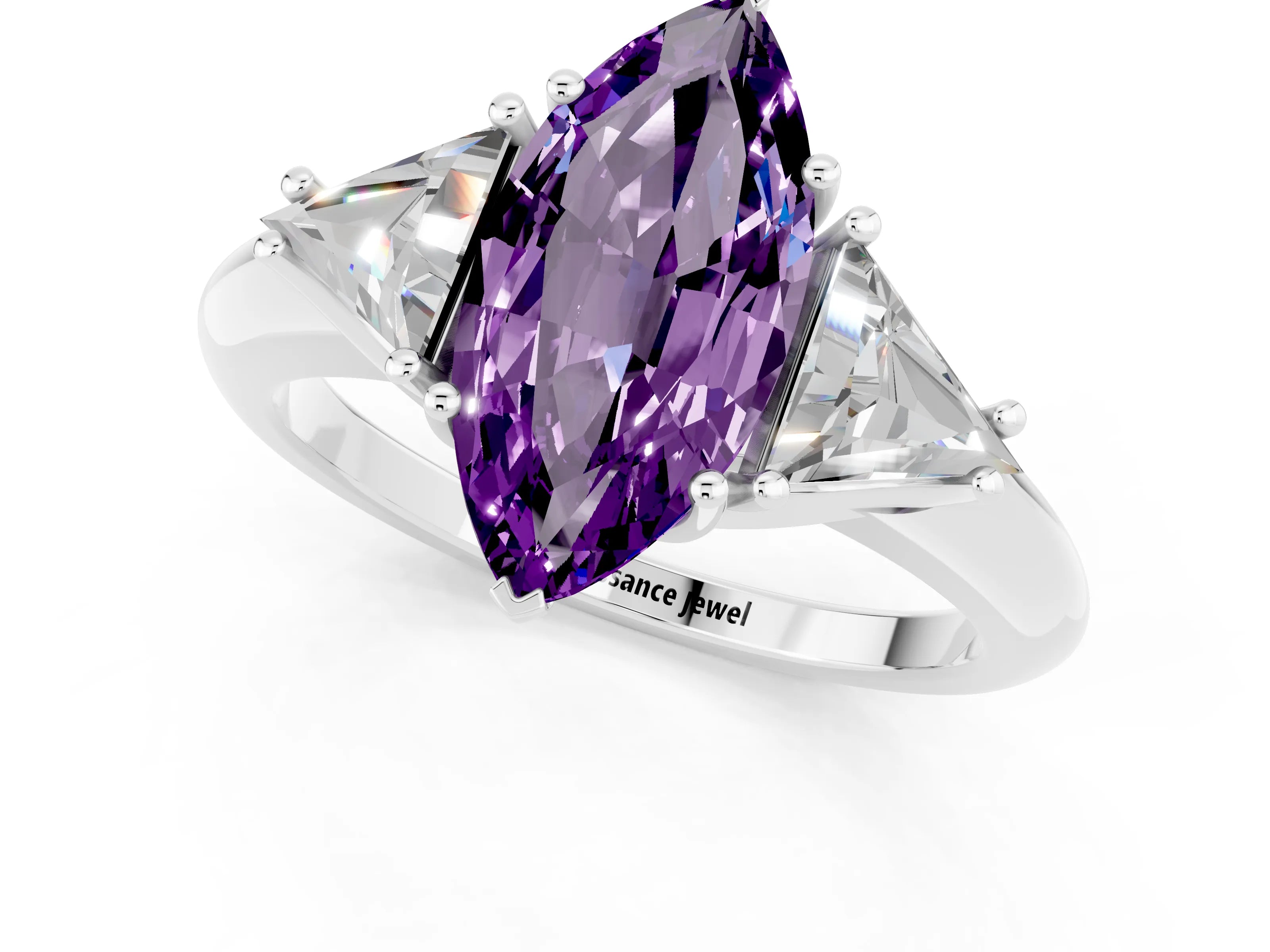 White gold Three-Stone Marquise Cut Cut Diamond Ring with Trillion Side Stones and Four-Prong Setting_1