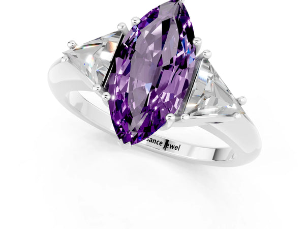 White gold Three-Stone Marquise Cut Amethyst Engagement Ring with Trillion Side Stones and Prong Setting
