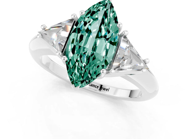 Platinum Three-Stone Marquise Cut Green Sapphire Engagement Ring with Trillion Side Stones and Prong Setting