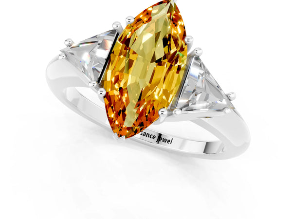 White gold Three-Stone Marquise Cut Cut Diamond Ring with Trillion Side Stones and Four-Prong Setting