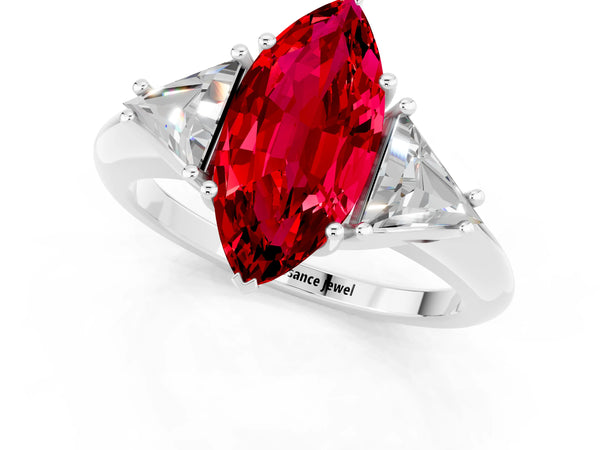 Platinum Three-Stone Marquise Cut Ruby Engagement Ring with Trillion Side Stones and Prong Setting