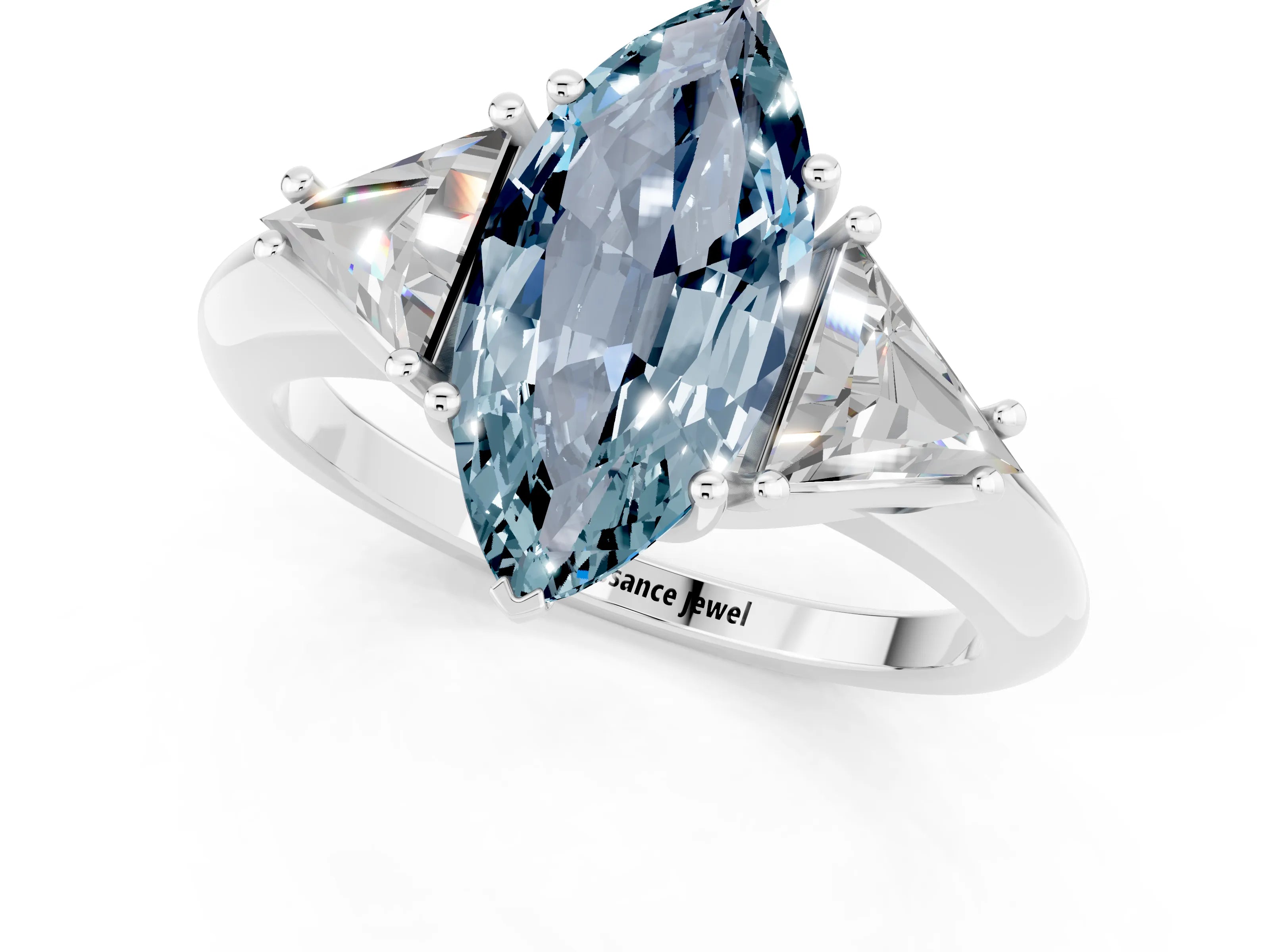 White gold Three-Stone Marquise Cut Cut Diamond Ring with Trillion Side Stones and Four-Prong Setting_1