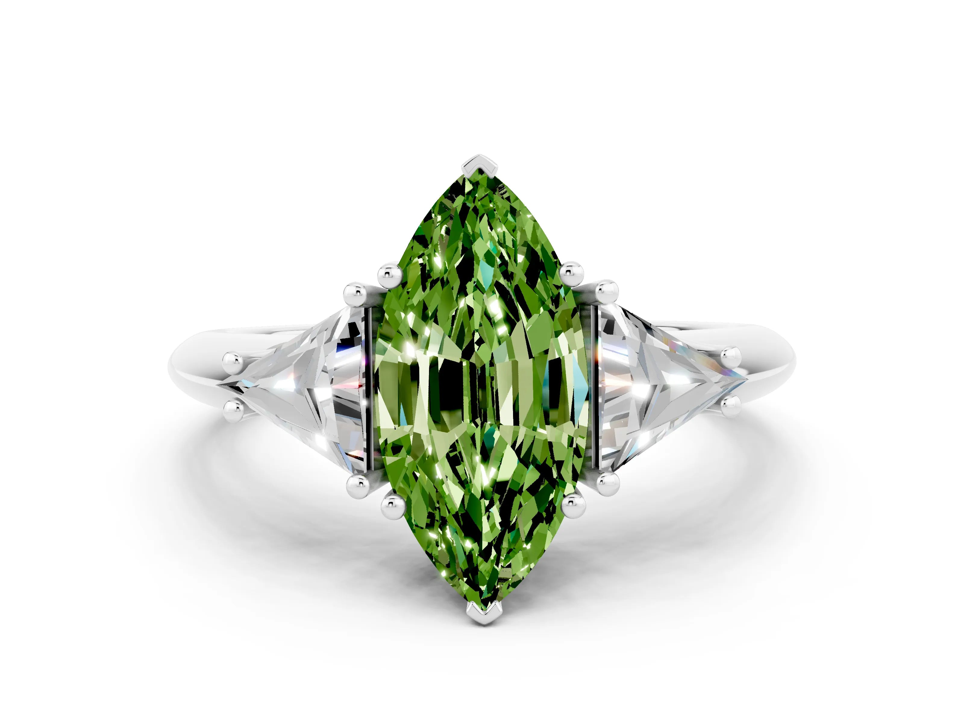 White gold Three-Stone Marquise Cut Cut Diamond Ring with Trillion Side Stones and Four-Prong Setting
