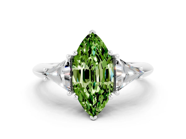 Platinum Three-Stone Marquise Cut Cut Diamond Ring with Trillion Side Stones and Four-Prong Setting