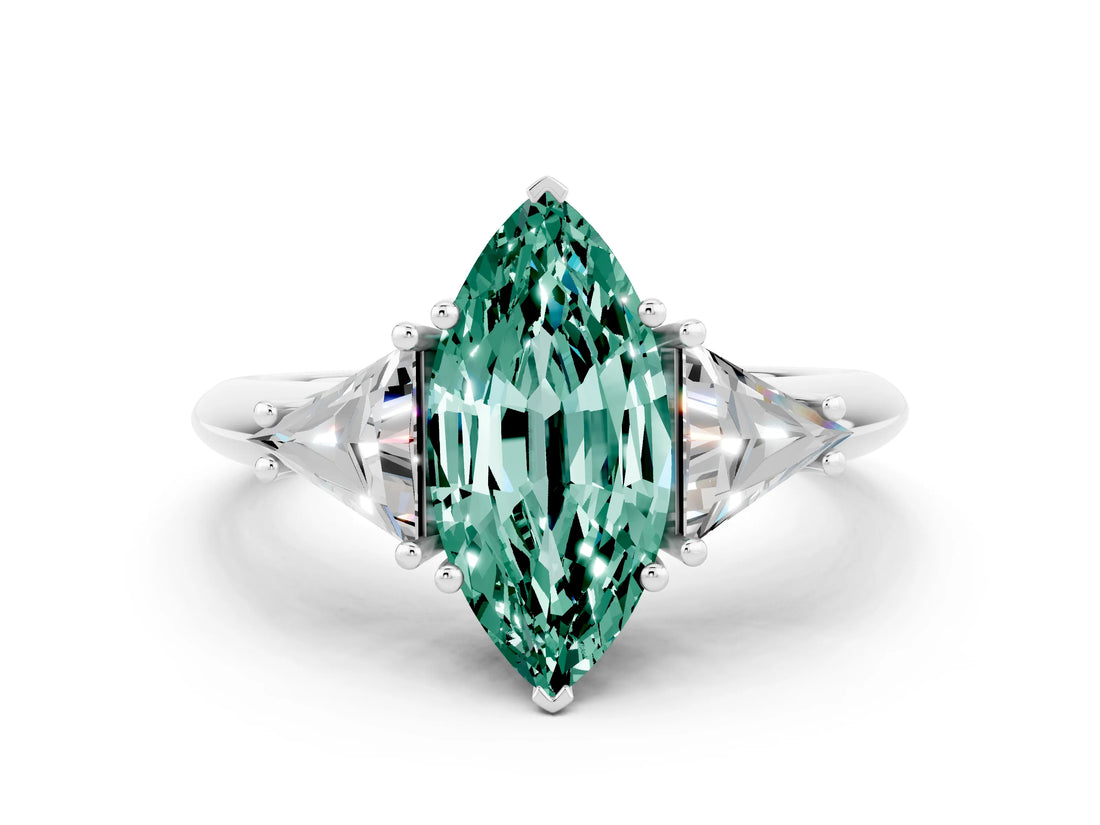 White gold Three-Stone Marquise Cut Cut Diamond Ring with Trillion Side Stones and Four-Prong Setting