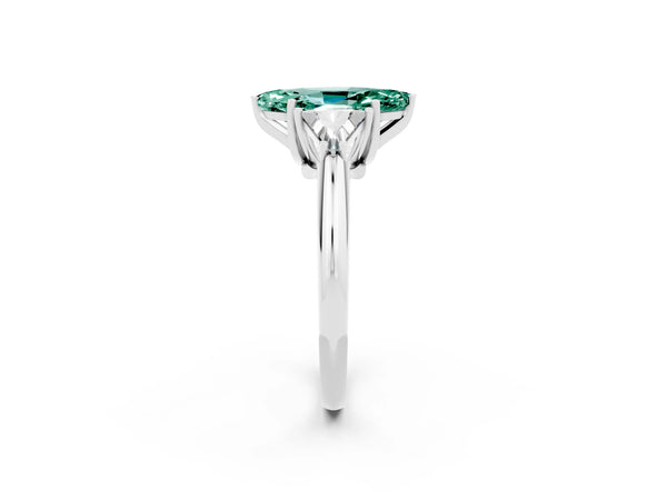 Platinum Three-Stone Marquise Cut Green Sapphire Engagement Ring with Trillion Side Stones and Prong Setting