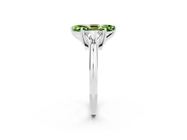 Silver Three-Stone Marquise Cut Cut Diamond Ring with Trillion Side Stones and Four-Prong Setting