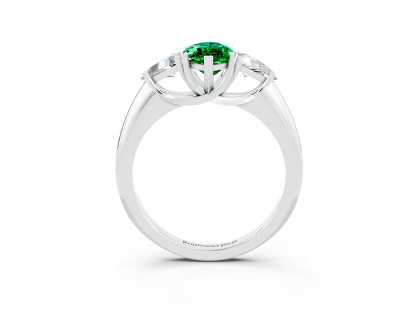 Platinum Three-Stone Marquise Cut Emerald Engagement Ring with Trillion Side Stones and Prong Setting