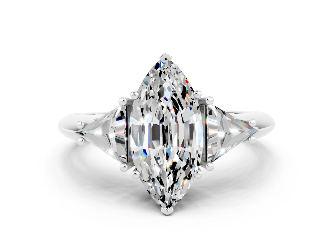 White gold Three-Stone Marquise Cut Cut Diamond Ring with Trillion Side Stones and Four-Prong Setting