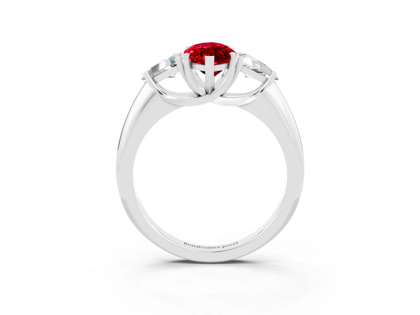 White gold Three-Stone Marquise Cut Ruby Engagement Ring with Trillion Side Stones and Prong Setting