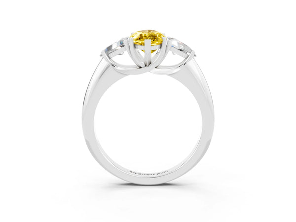 White gold Three-Stone Marquise Cut Yellow Sapphire Engagement Ring with Trillion Side Stones and Prong Setting