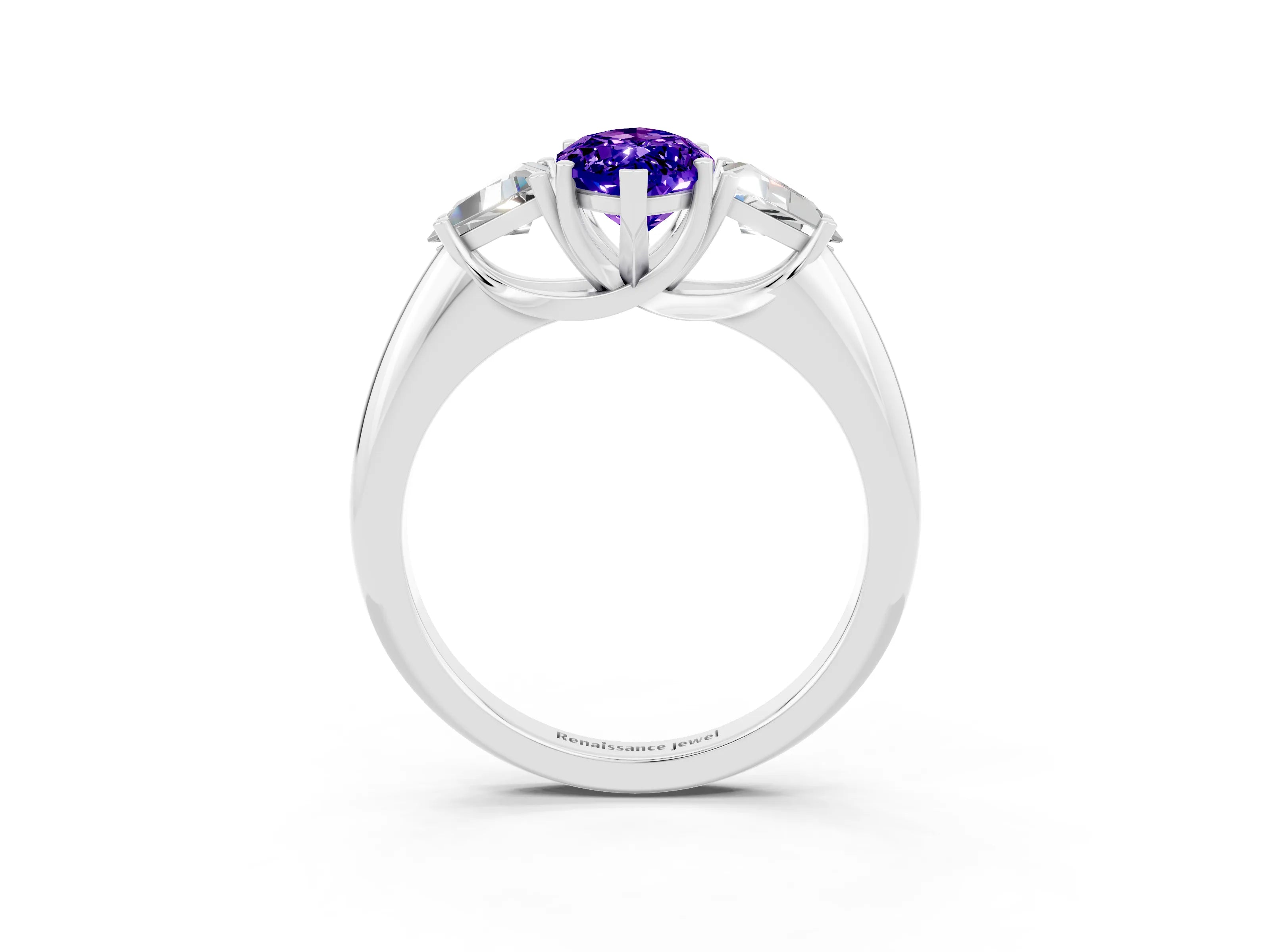 White gold Three-Stone Marquise Cut Cut Diamond Ring with Trillion Side Stones and Four-Prong Setting_3