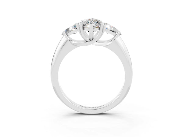 Platinum Three-Stone Marquise Cut Moissanite Engagement Ring with Trillion Side Stones and Prong Setting