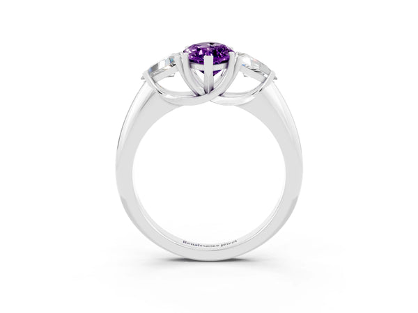 White gold Three-Stone Marquise Cut Amethyst Engagement Ring with Trillion Side Stones and Prong Setting