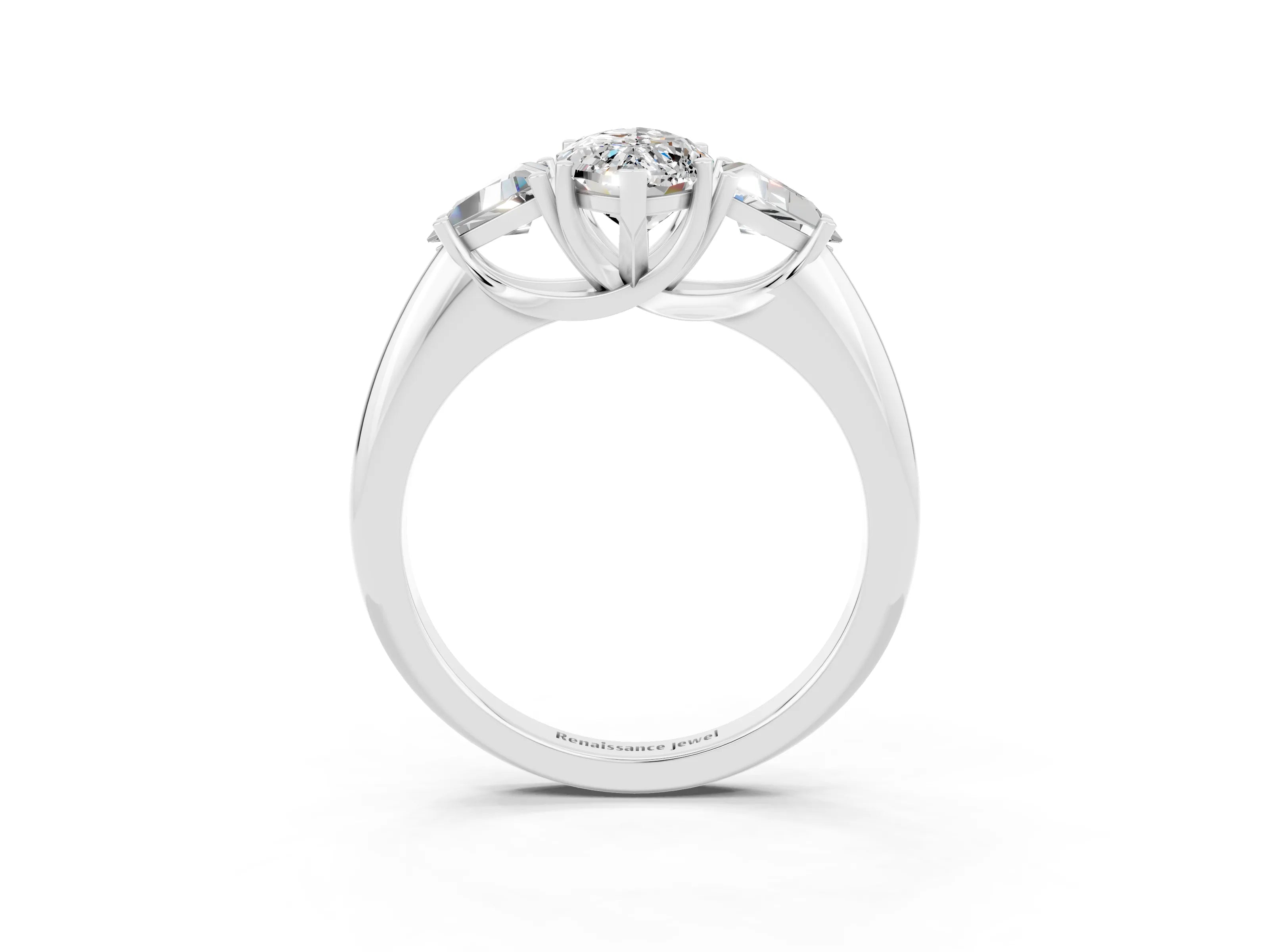 White gold Three-Stone Marquise Cut Cut Diamond Ring with Trillion Side Stones and Four-Prong Setting_3