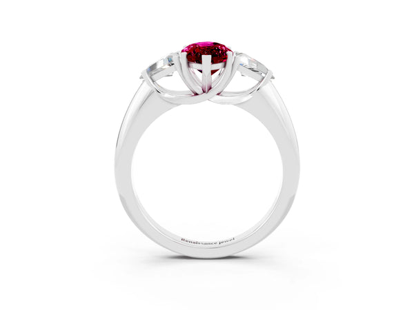 White gold Three-Stone Marquise Cut Garnet Engagement Ring with Trillion Side Stones and Prong Setting