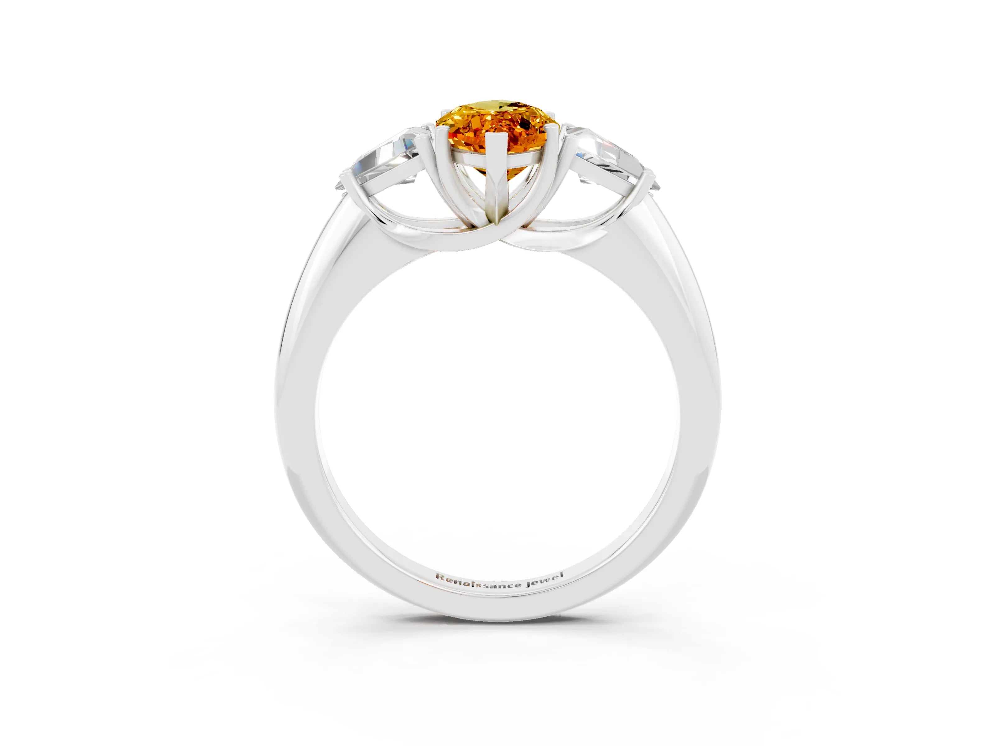 White gold Three-Stone Marquise Cut Cut Diamond Ring with Trillion Side Stones and Four-Prong Setting_3