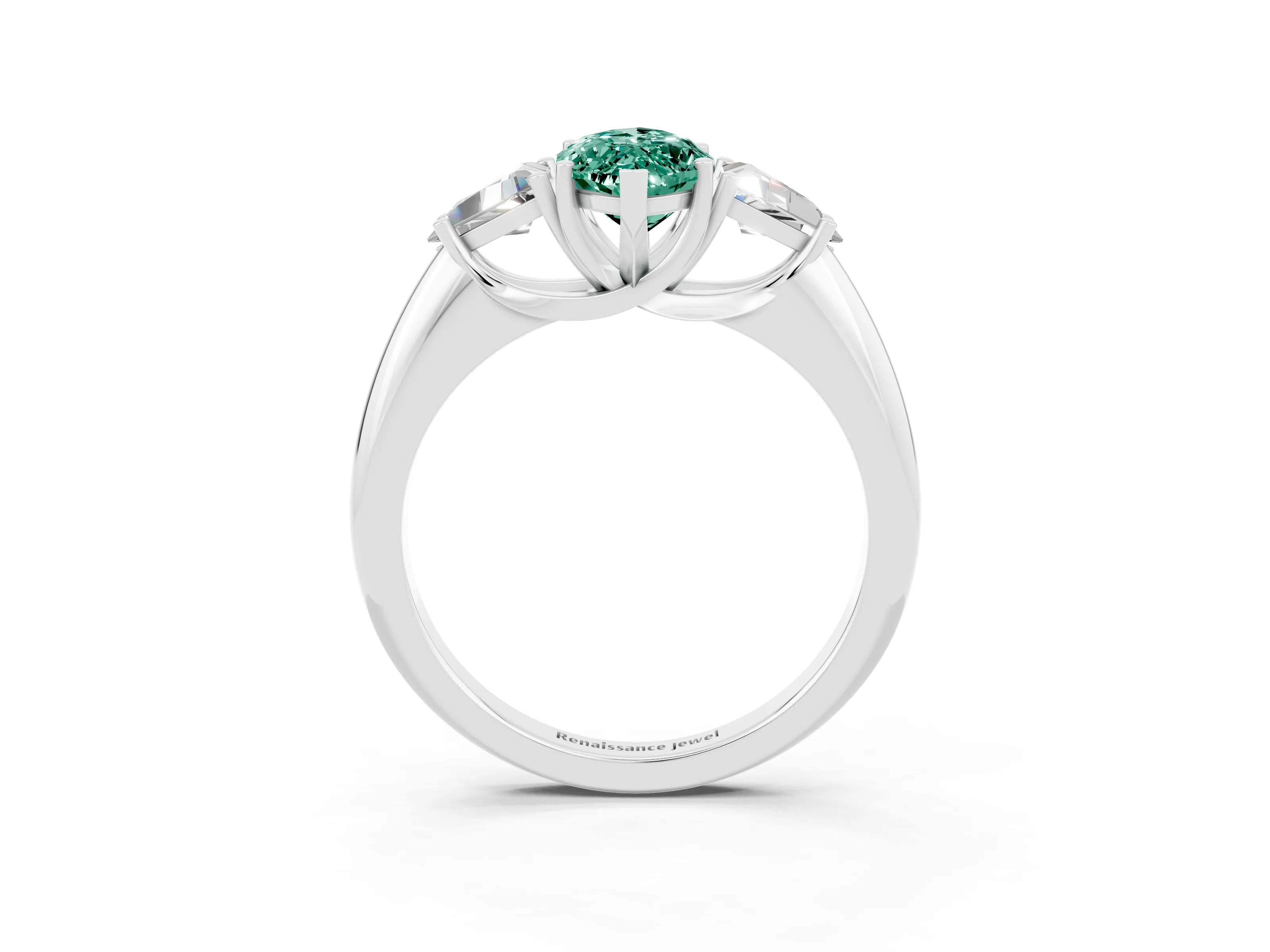 White gold Three-Stone Marquise Cut Cut Diamond Ring with Trillion Side Stones and Four-Prong Setting_3
