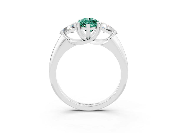 Platinum Three-Stone Marquise Cut Green Sapphire Engagement Ring with Trillion Side Stones and Prong Setting
