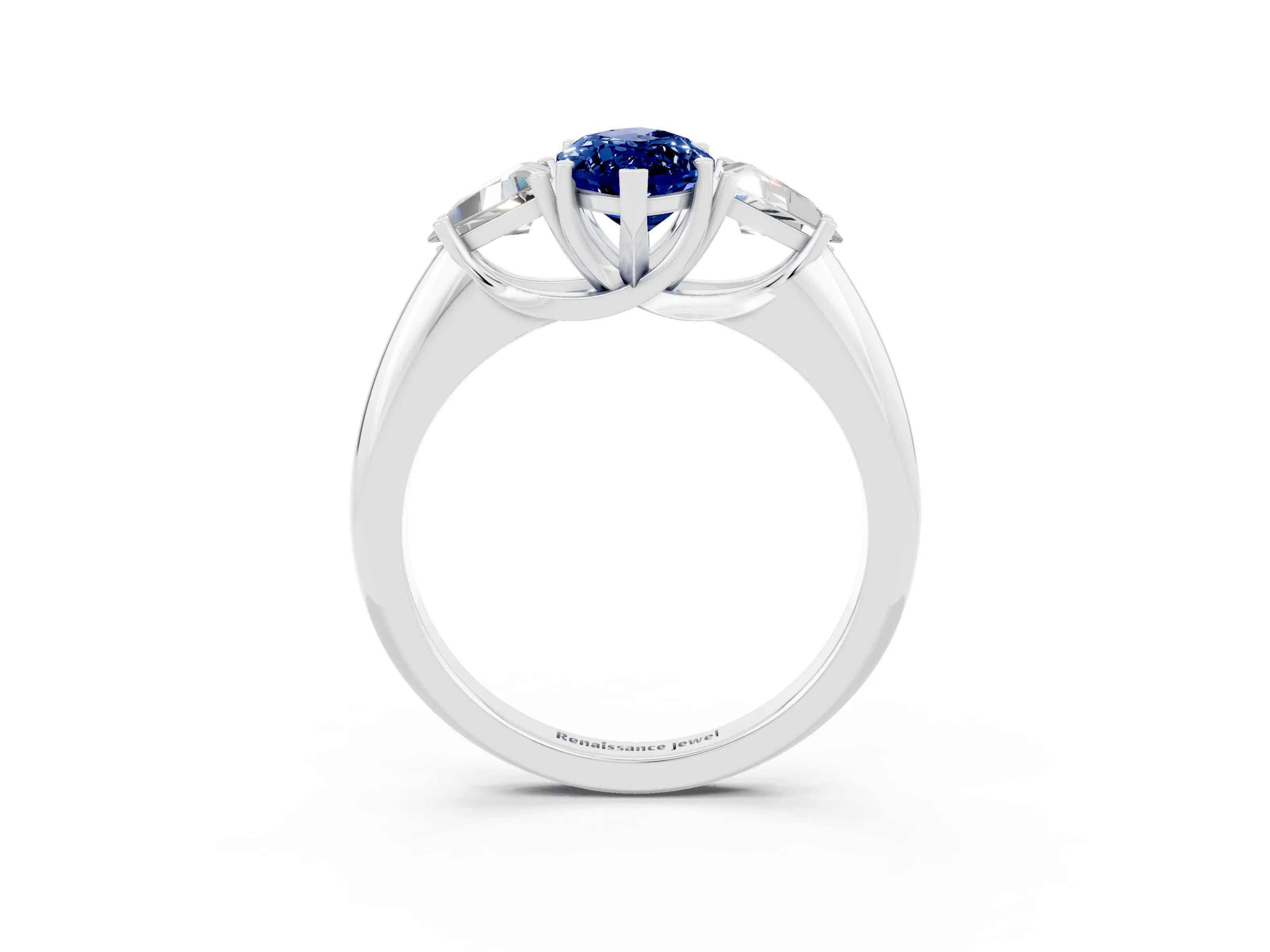 White gold Three-Stone Marquise Cut Cut Diamond Ring with Trillion Side Stones and Four-Prong Setting_3
