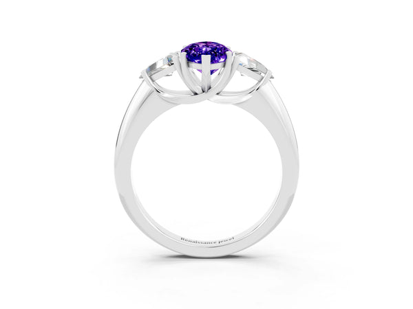 White gold Three-Stone Marquise Cut Tanzanite Engagement Ring with Trillion Side Stones and Prong Setting