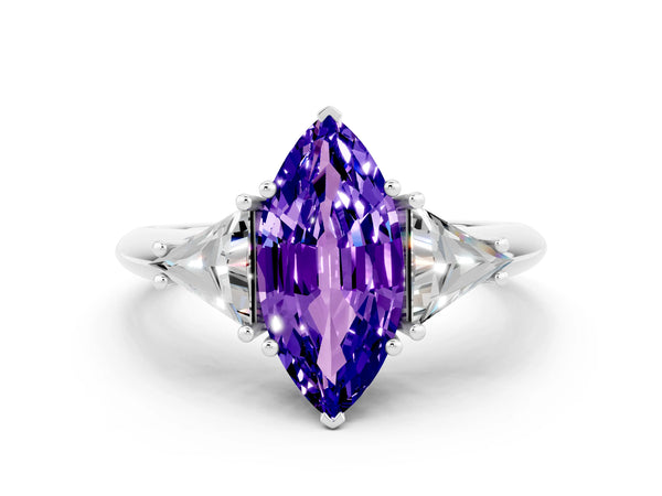 White gold Three-Stone Marquise Cut Tanzanite Engagement Ring with Trillion Side Stones and Prong Setting