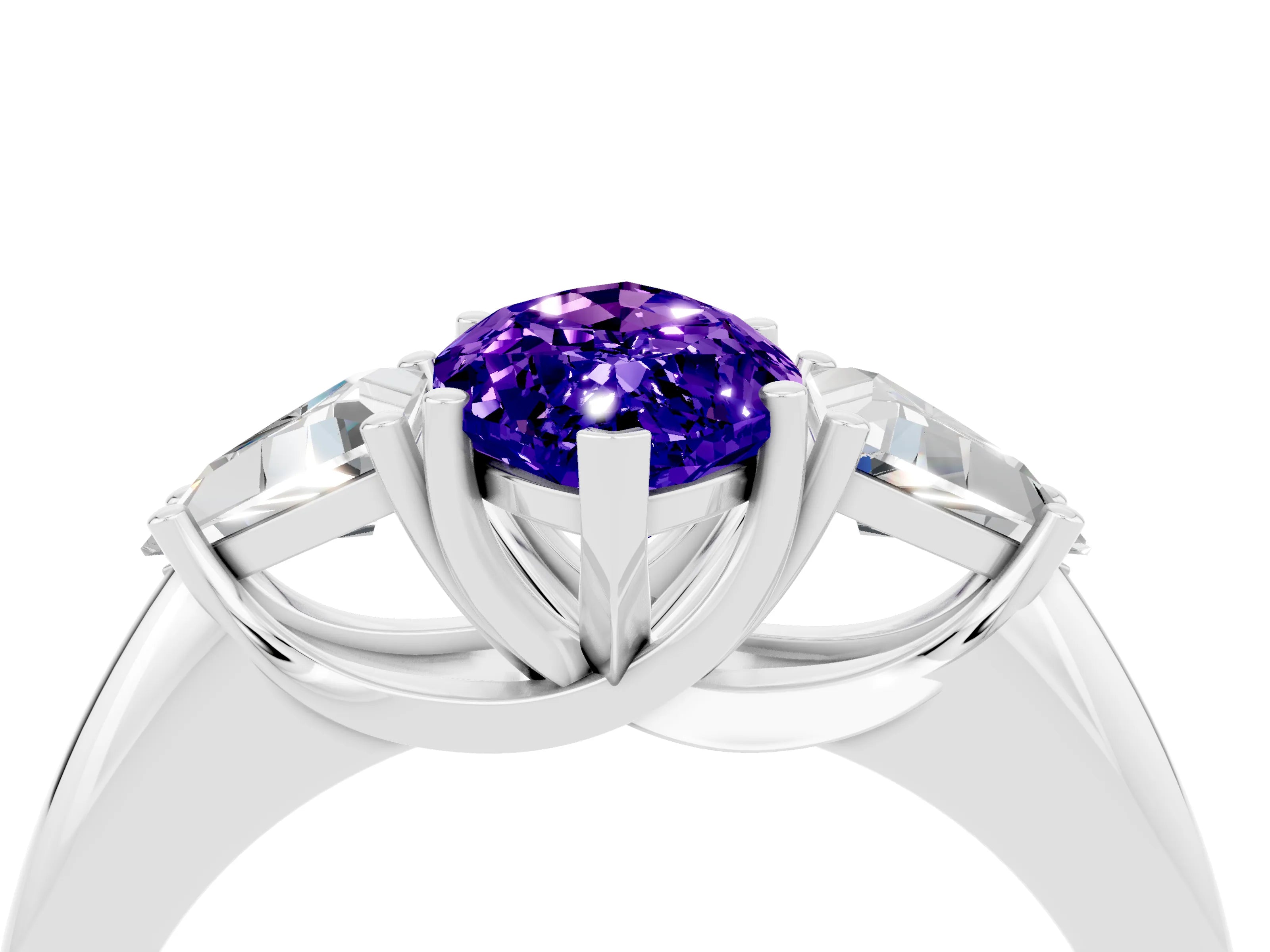 White gold Three-Stone Marquise Cut Cut Diamond Ring with Trillion Side Stones and Four-Prong Setting_4