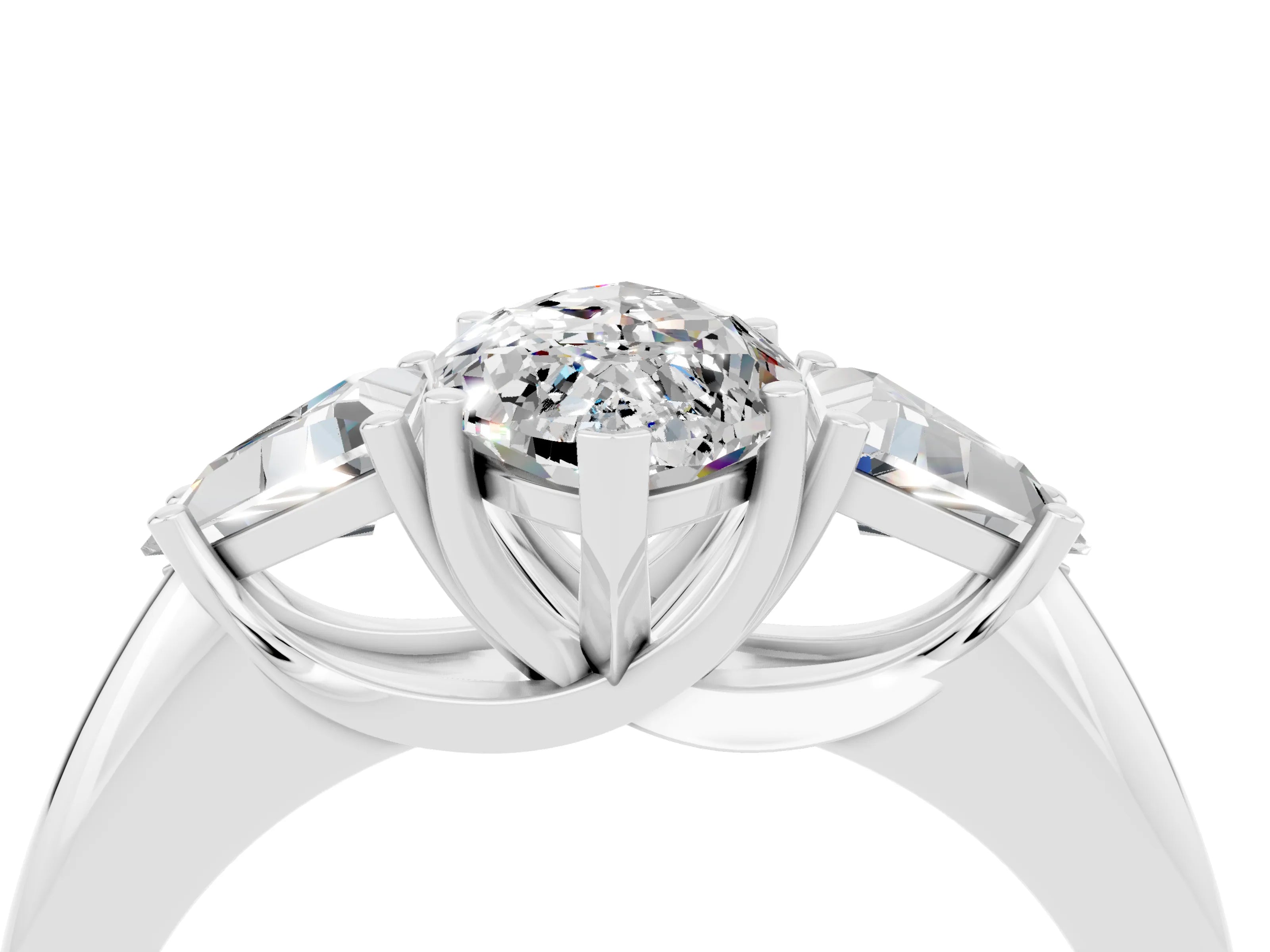 White gold Three-Stone Marquise Cut Cut Diamond Ring with Trillion Side Stones and Four-Prong Setting_4