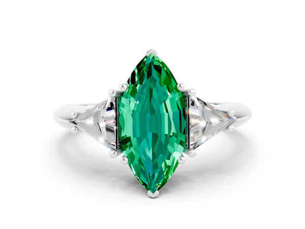 Silver Three-Stone Marquise Cut Emerald Engagement Ring with Trillion Side Stones and Prong Setting