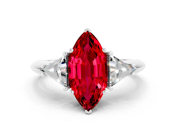 Platinum Three-Stone Marquise Cut Ruby Engagement Ring with Trillion Side Stones and Prong Setting