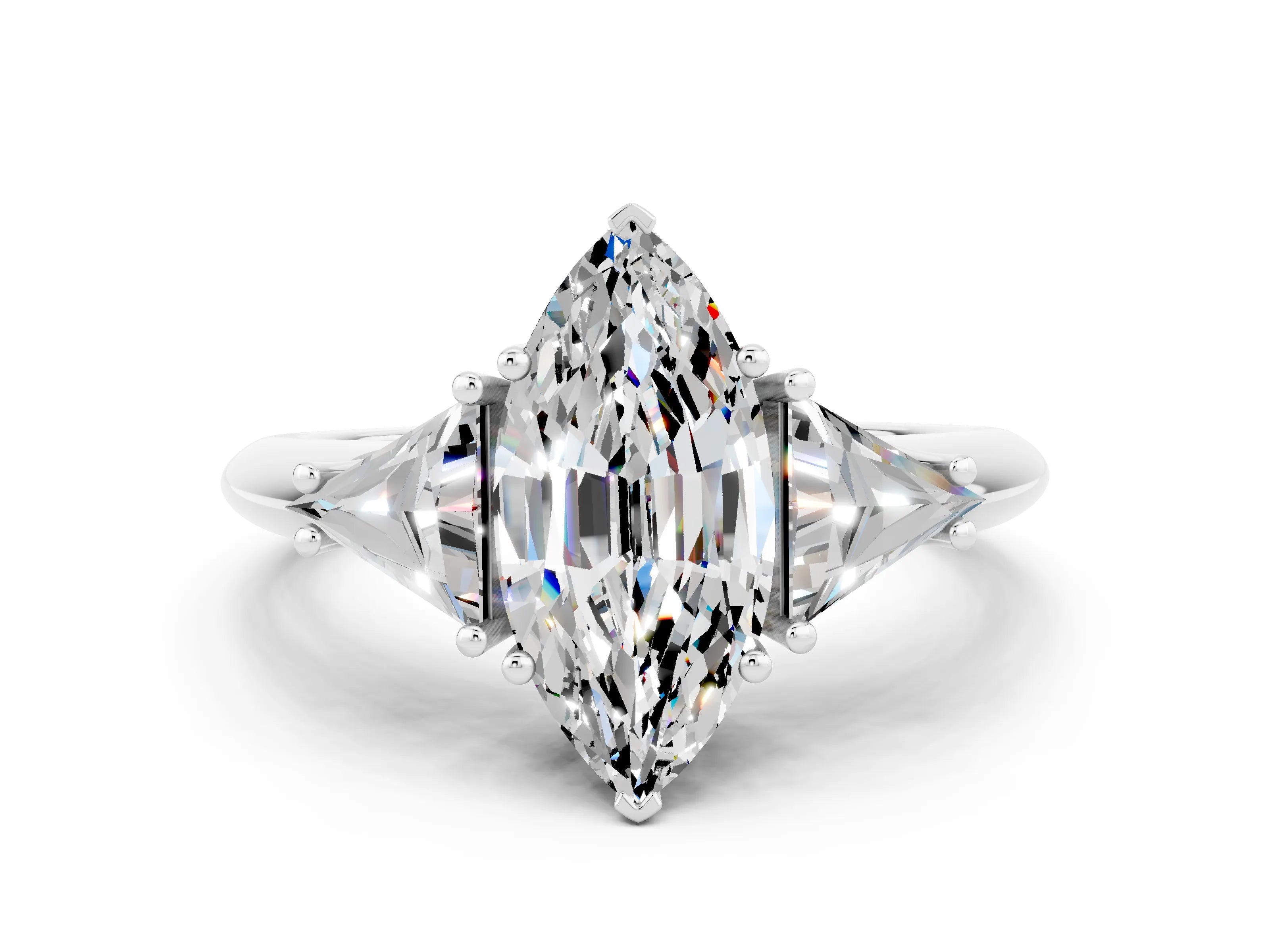 White gold Three-Stone Marquise Cut Cut Diamond Ring with Trillion Side Stones and Four-Prong Setting