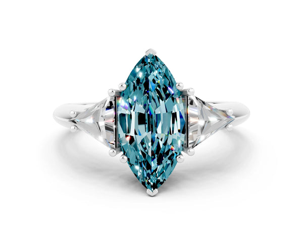 White gold Three-Stone Marquise Cut Cut Diamond Ring with Trillion Side Stones and Four-Prong Setting
