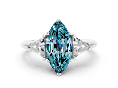 White gold Three-Stone Marquise Cut Cut Diamond Ring with Trillion Side Stones and Four-Prong Setting