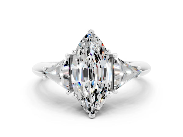 Silver Three-Stone Marquise Cut Moissanite Engagement Ring with Trillion Side Stones and Prong Setting