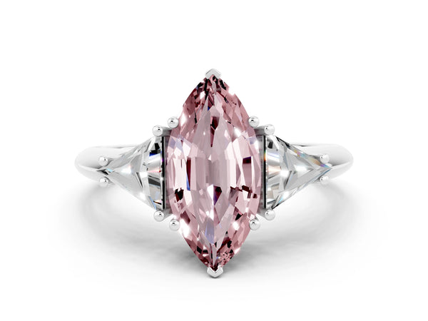Silver Three-Stone Marquise Cut Cut Diamond Ring with Trillion Side Stones and Four-Prong Setting