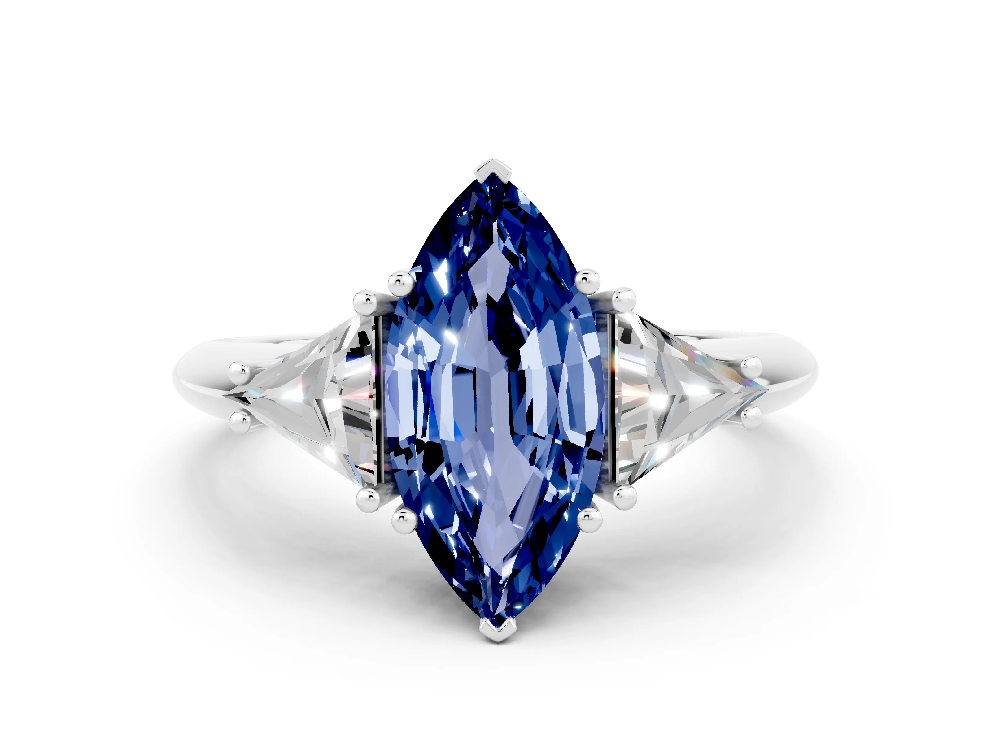White gold Three-Stone Marquise Cut Cut Diamond Ring with Trillion Side Stones and Four-Prong Setting