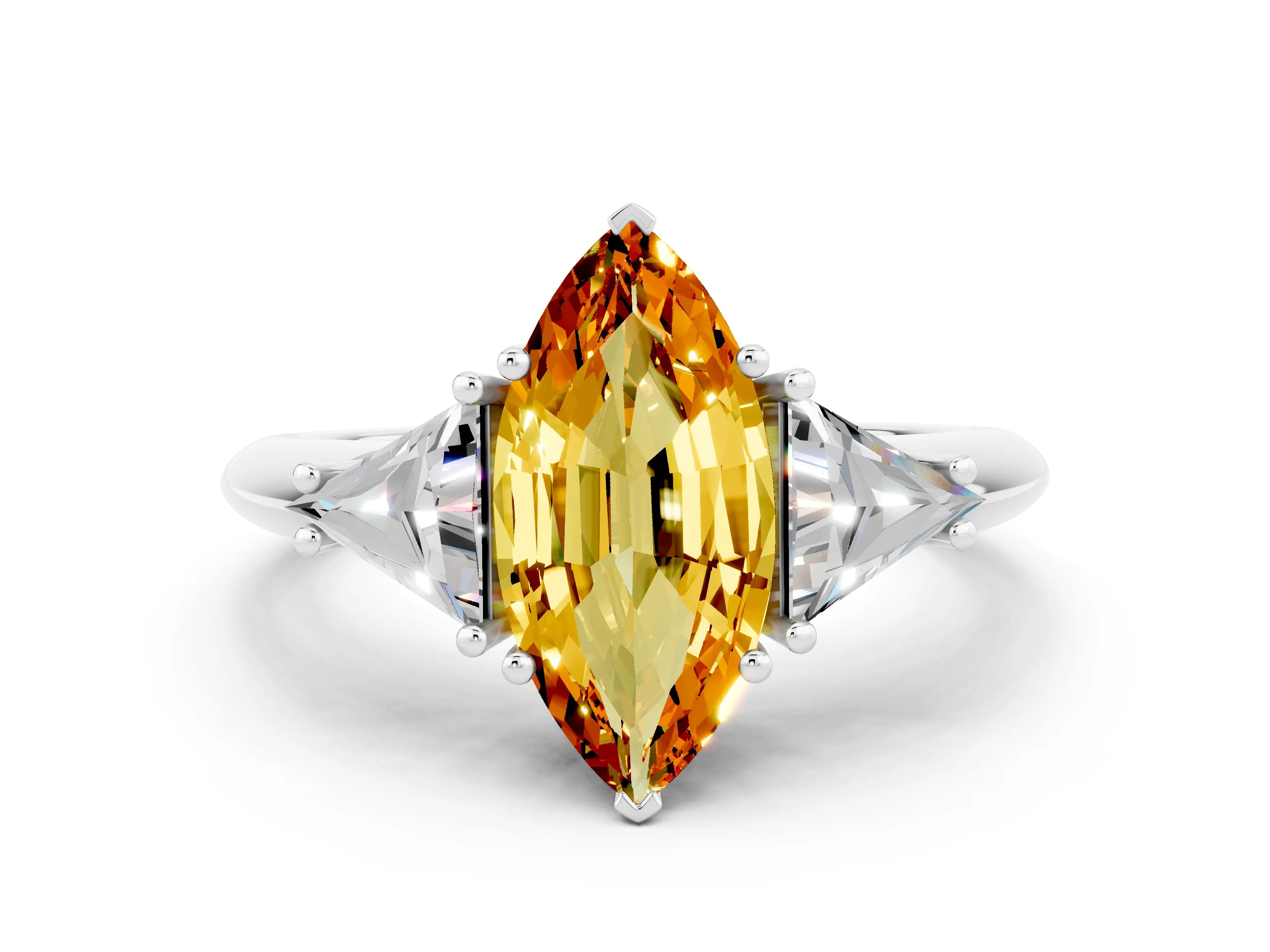 White gold Three-Stone Marquise Cut Cut Diamond Ring with Trillion Side Stones and Four-Prong Setting