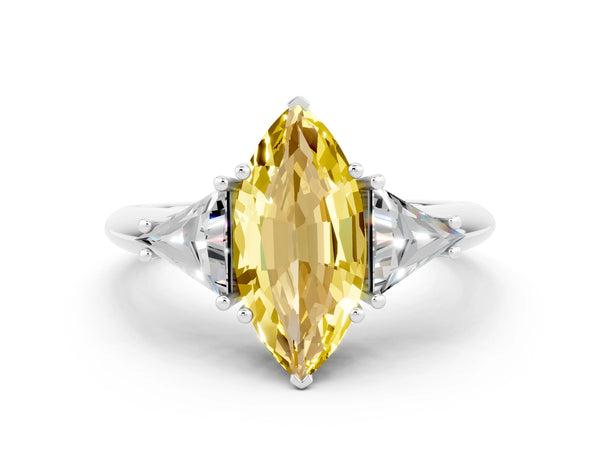 White gold Three-Stone Marquise Cut Yellow Sapphire Engagement Ring with Trillion Side Stones and Prong Setting